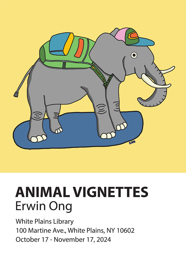 Postcard for Animal Vignettes art exhibit by Erwin Ong at the White Plains Library