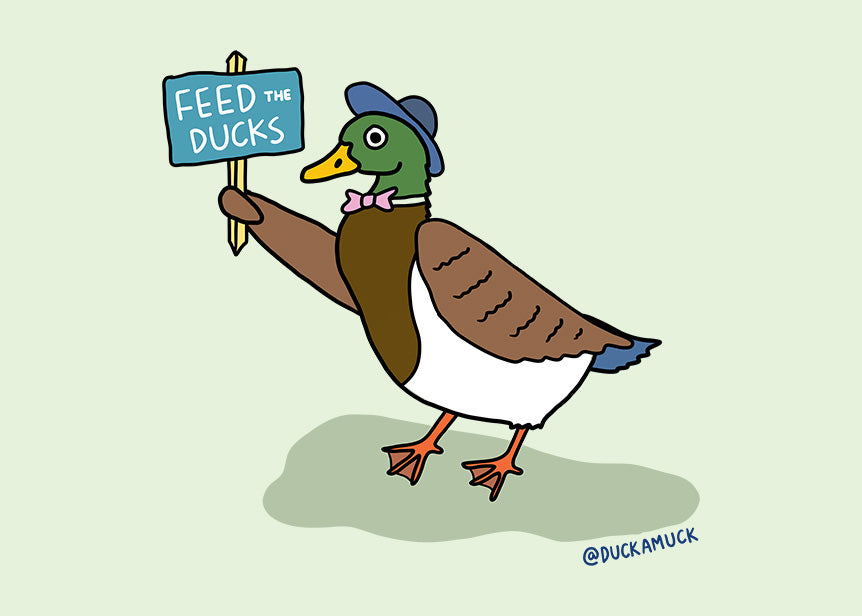 A drawing of a duck holding up a sign that says "Feed the Ducks"